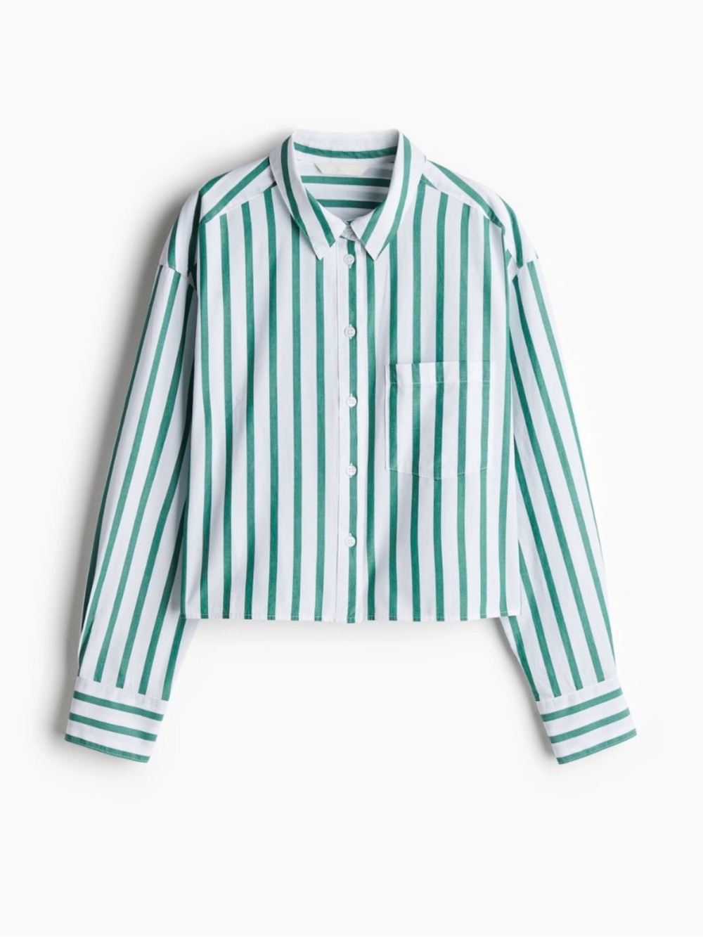 H&M White Cropped Green Striped Loose Fit Cotton Poplin Shirt Size M
